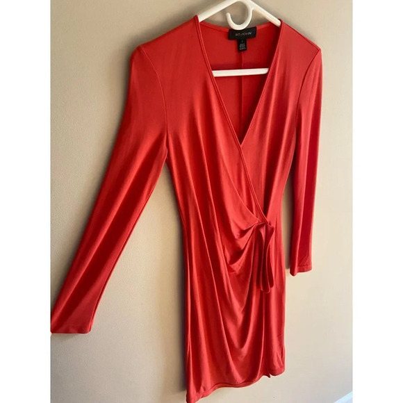 St. John Collection V-Neck Faux Wrap Midi Dress Coral/Orange Size 2 - Picture 4 of 15